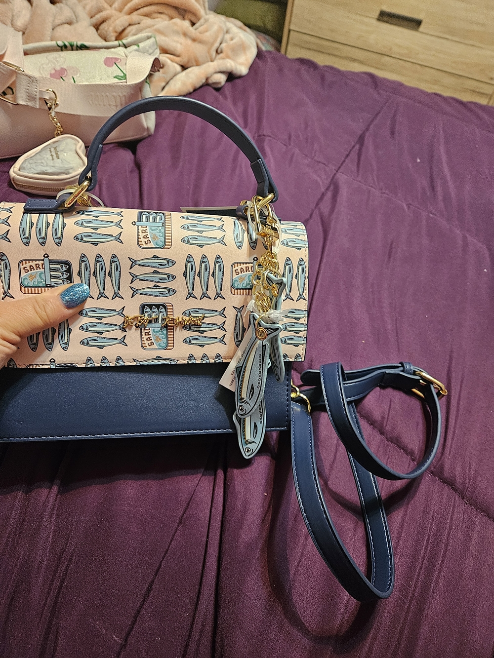 Betsey Johnson Navy and Peach Fish-Print Mini Satchel - Picture 4 of 4